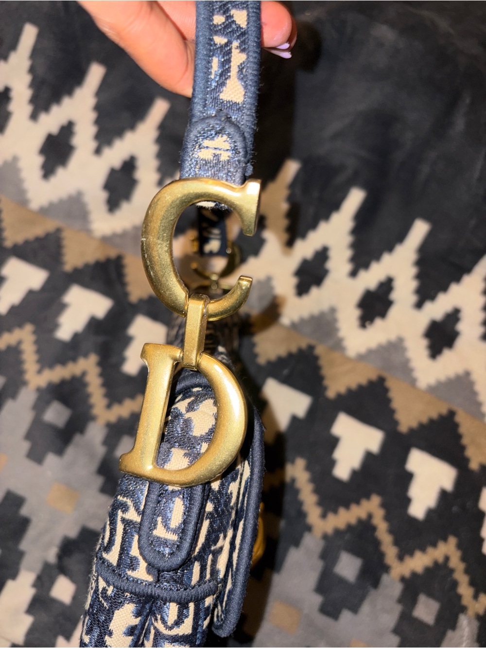 Dior Navy & Cream Oblique Saddle Bag with Brass Hardware - Picture 5 of 5